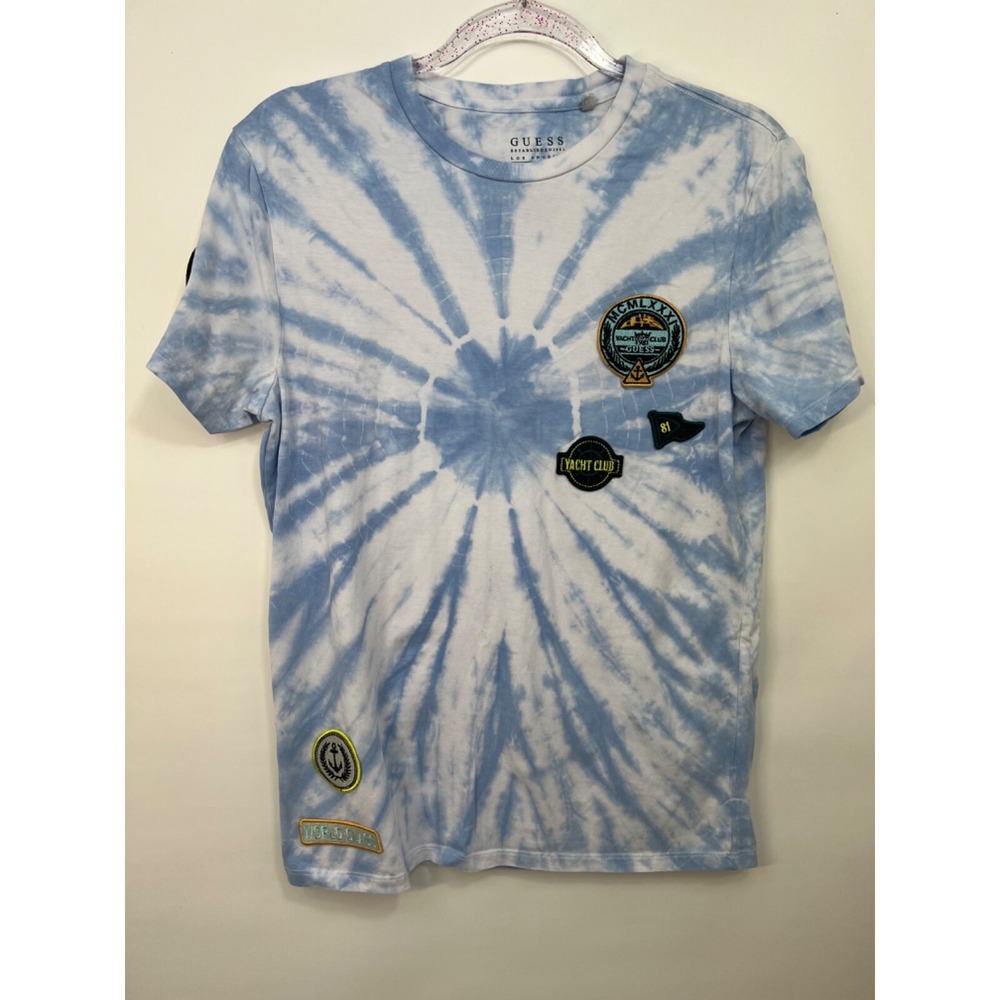 GUESS Designer T Shirt Tie-Dye Blue‎ with Unique Patches Unisex Sz Small